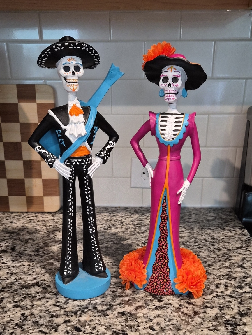 Day of the Dead Skeleton Couple Wooden Figurines Dia De Muertos Set